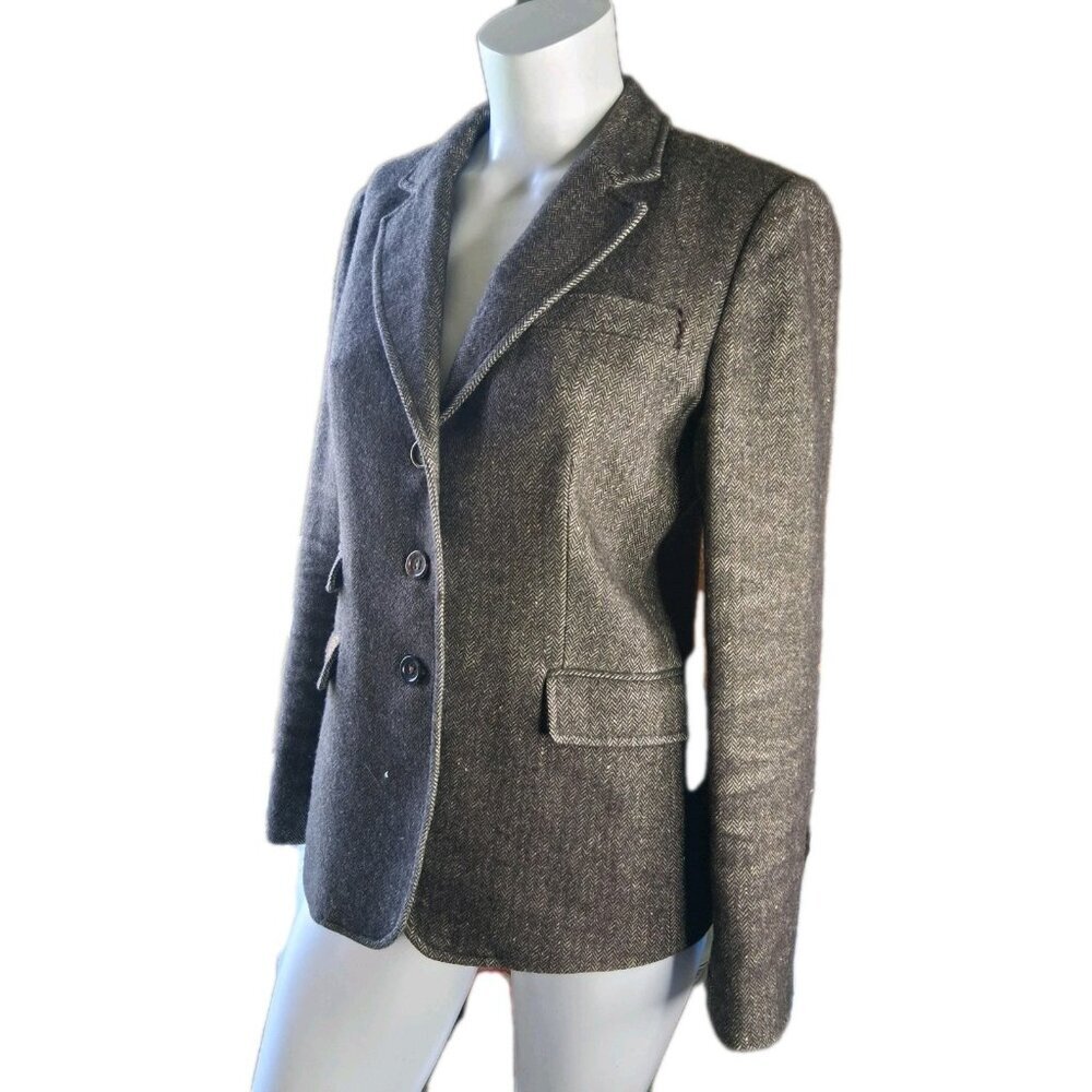 Banana Republic Travel Safari Blazer Herringbone Elbow Patch Wool Linen Brown 8